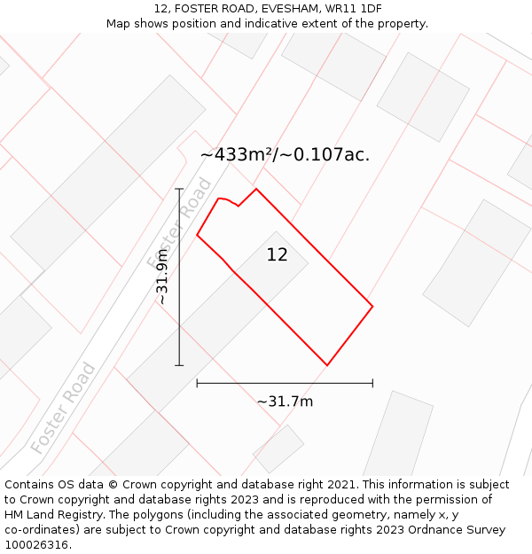 12, FOSTER ROAD, EVESHAM, WR11 1DF: Plot and title map