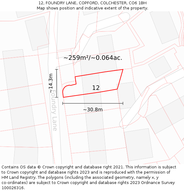 12, FOUNDRY LANE, COPFORD, COLCHESTER, CO6 1BH: Plot and title map