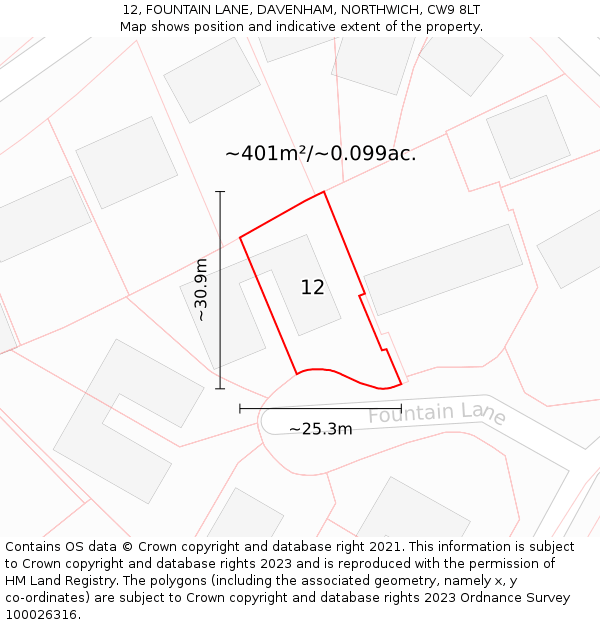 12, FOUNTAIN LANE, DAVENHAM, NORTHWICH, CW9 8LT: Plot and title map