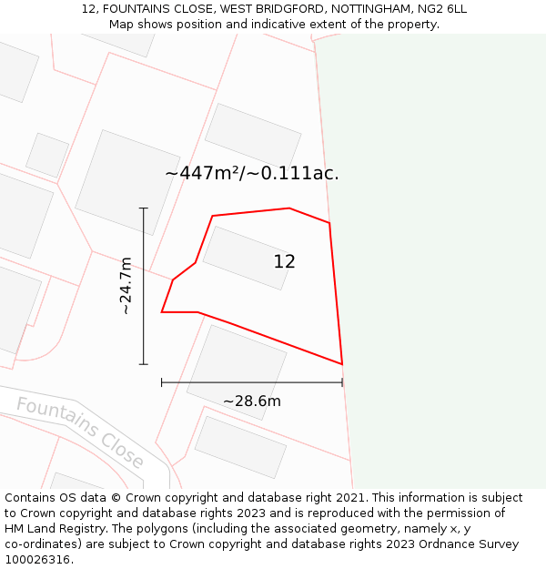 12, FOUNTAINS CLOSE, WEST BRIDGFORD, NOTTINGHAM, NG2 6LL: Plot and title map