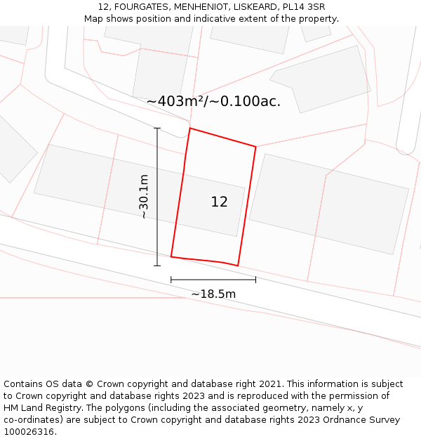 12, FOURGATES, MENHENIOT, LISKEARD, PL14 3SR: Plot and title map