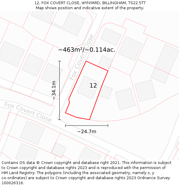 12, FOX COVERT CLOSE, WYNYARD, BILLINGHAM, TS22 5TT: Plot and title map