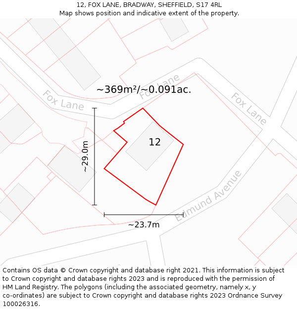 12, FOX LANE, BRADWAY, SHEFFIELD, S17 4RL: Plot and title map