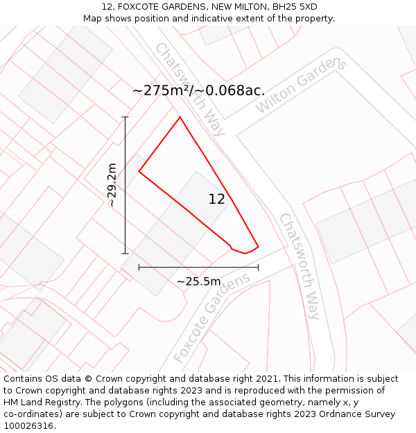 12, FOXCOTE GARDENS, NEW MILTON, BH25 5XD: Plot and title map