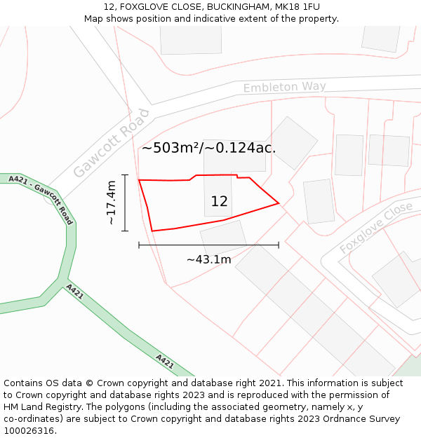 12, FOXGLOVE CLOSE, BUCKINGHAM, MK18 1FU: Plot and title map