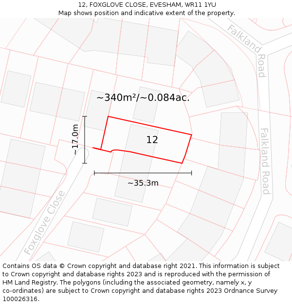 12, FOXGLOVE CLOSE, EVESHAM, WR11 1YU: Plot and title map