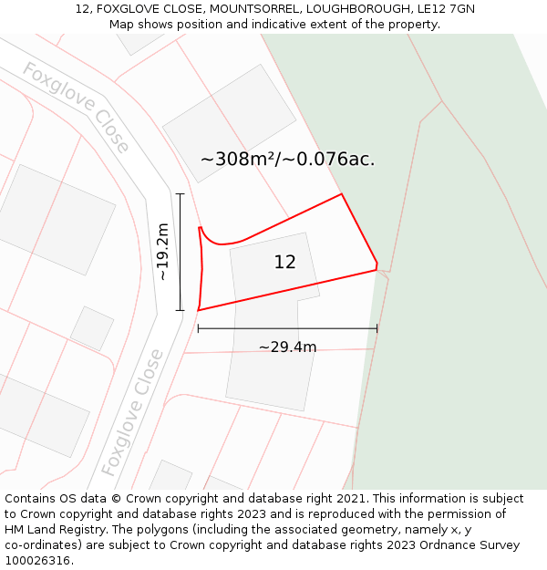 12, FOXGLOVE CLOSE, MOUNTSORREL, LOUGHBOROUGH, LE12 7GN: Plot and title map