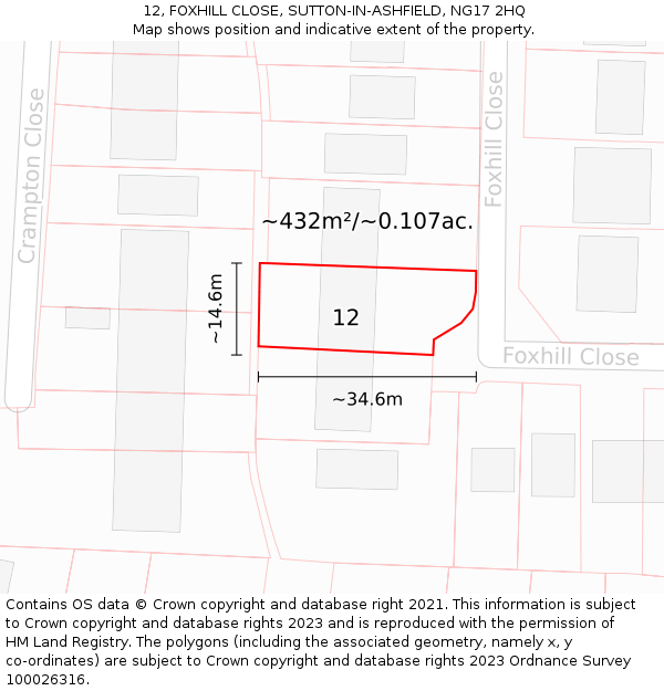 12, FOXHILL CLOSE, SUTTON-IN-ASHFIELD, NG17 2HQ: Plot and title map