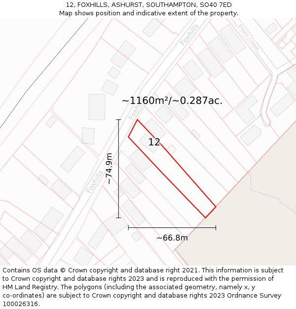 12, FOXHILLS, ASHURST, SOUTHAMPTON, SO40 7ED: Plot and title map