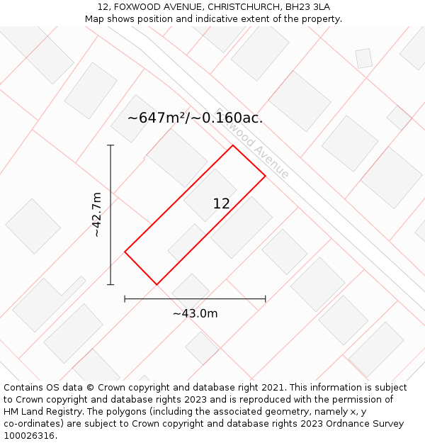 12, FOXWOOD AVENUE, CHRISTCHURCH, BH23 3LA: Plot and title map