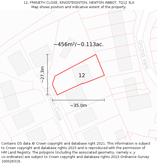 12, FRANETH CLOSE, KINGSTEIGNTON, NEWTON ABBOT, TQ12 3LX: Plot and title map