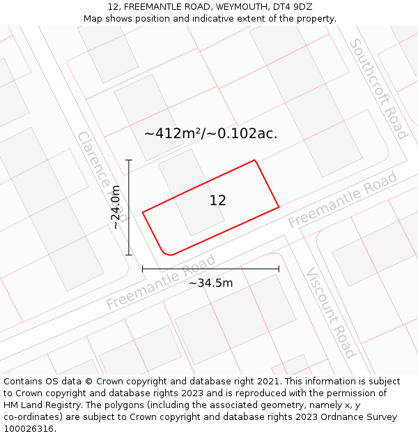 12, FREEMANTLE ROAD, WEYMOUTH, DT4 9DZ: Plot and title map