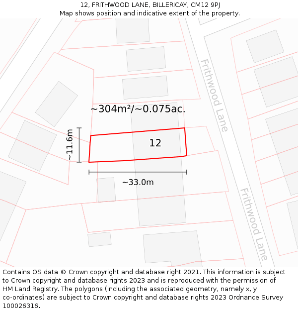 12, FRITHWOOD LANE, BILLERICAY, CM12 9PJ: Plot and title map