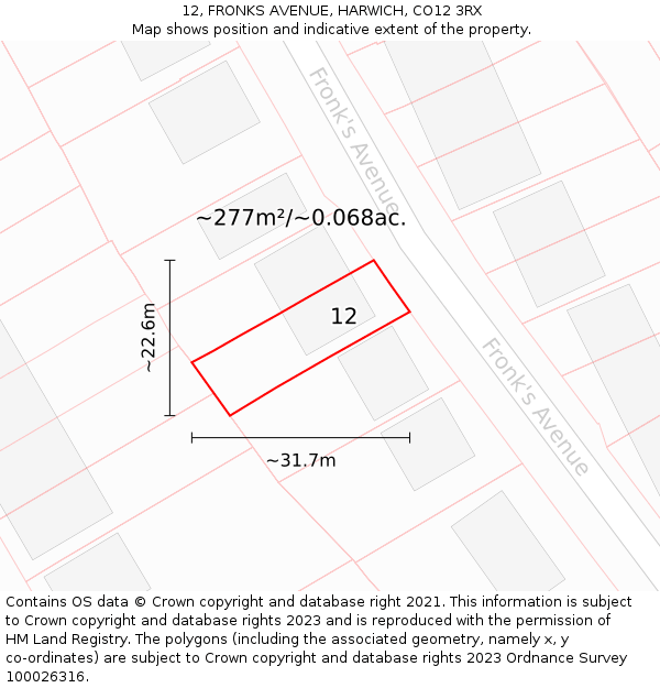 12, FRONKS AVENUE, HARWICH, CO12 3RX: Plot and title map