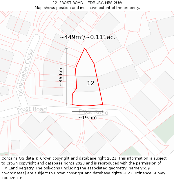 12, FROST ROAD, LEDBURY, HR8 2UW: Plot and title map