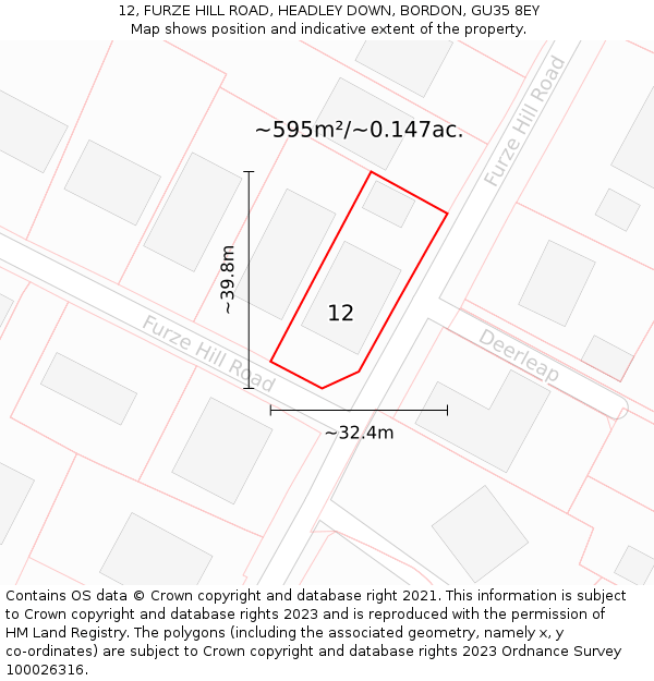 12, FURZE HILL ROAD, HEADLEY DOWN, BORDON, GU35 8EY: Plot and title map