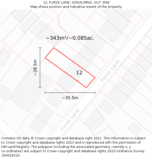 12, FURZE LANE, GODALMING, GU7 3NW: Plot and title map