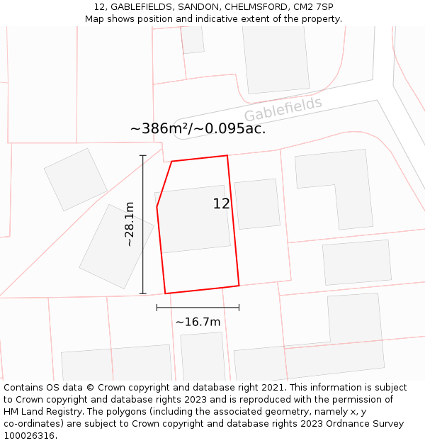 12, GABLEFIELDS, SANDON, CHELMSFORD, CM2 7SP: Plot and title map