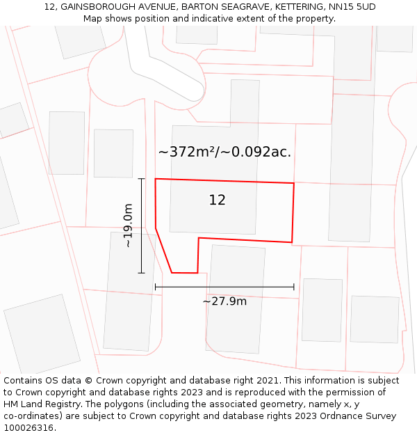 12, GAINSBOROUGH AVENUE, BARTON SEAGRAVE, KETTERING, NN15 5UD: Plot and title map