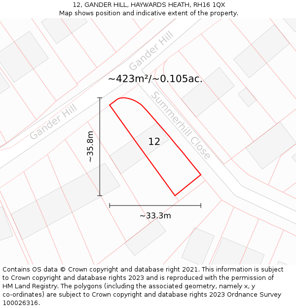 12, GANDER HILL, HAYWARDS HEATH, RH16 1QX: Plot and title map