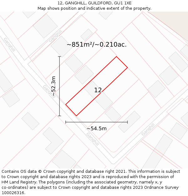 12, GANGHILL, GUILDFORD, GU1 1XE: Plot and title map