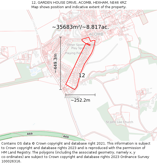 12, GARDEN HOUSE DRIVE, ACOMB, HEXHAM, NE46 4RZ: Plot and title map