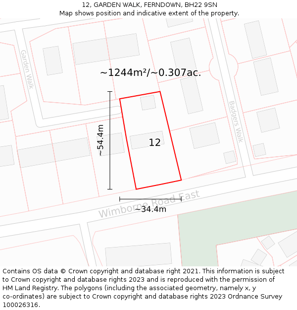 12, GARDEN WALK, FERNDOWN, BH22 9SN: Plot and title map