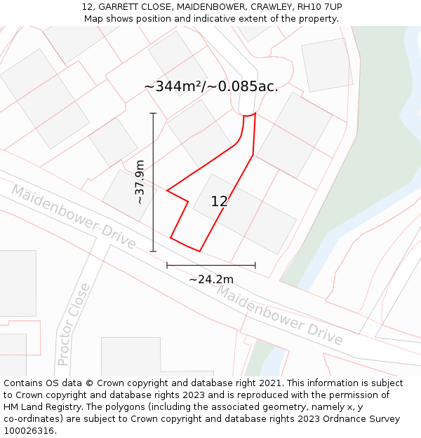 12, GARRETT CLOSE, MAIDENBOWER, CRAWLEY, RH10 7UP: Plot and title map