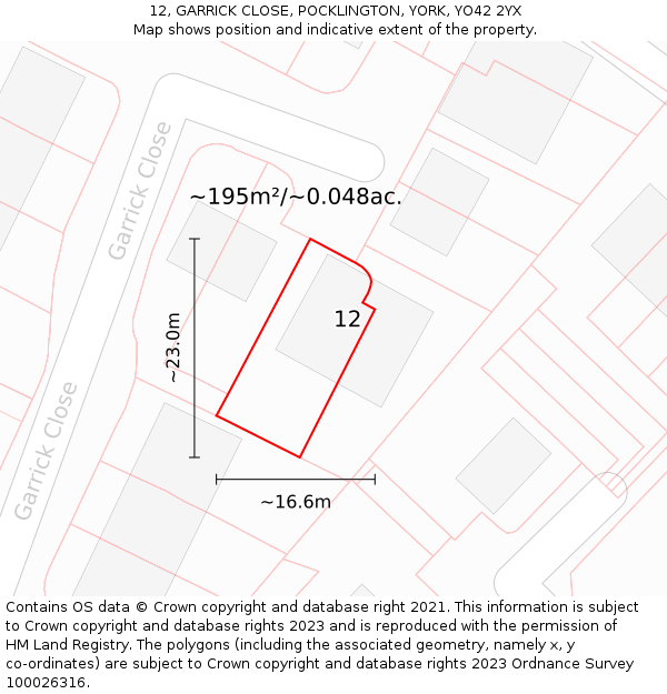 12, GARRICK CLOSE, POCKLINGTON, YORK, YO42 2YX: Plot and title map