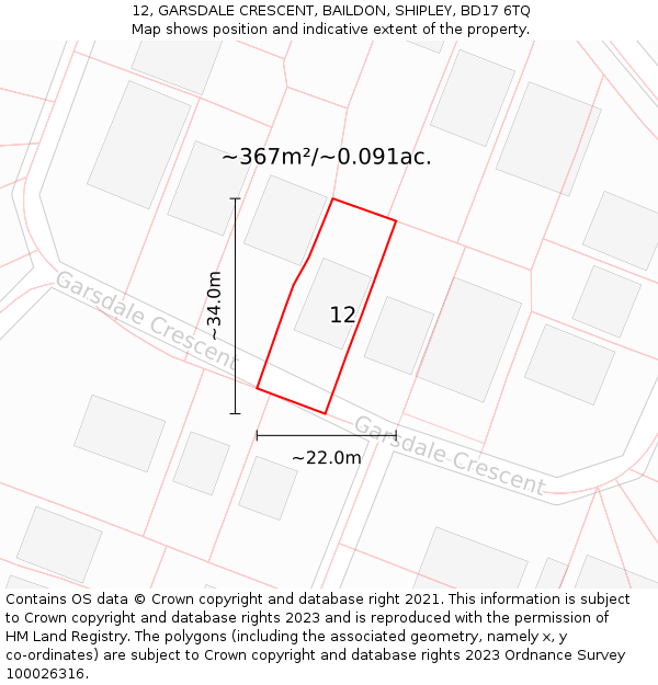 12, GARSDALE CRESCENT, BAILDON, SHIPLEY, BD17 6TQ: Plot and title map