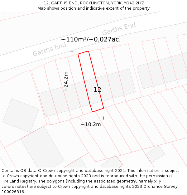 12, GARTHS END, POCKLINGTON, YORK, YO42 2HZ: Plot and title map