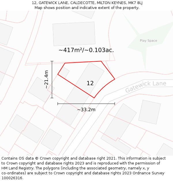 12, GATEWICK LANE, CALDECOTTE, MILTON KEYNES, MK7 8LJ: Plot and title map