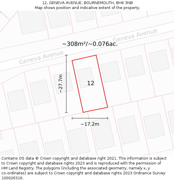 12, GENEVA AVENUE, BOURNEMOUTH, BH6 3NB: Plot and title map