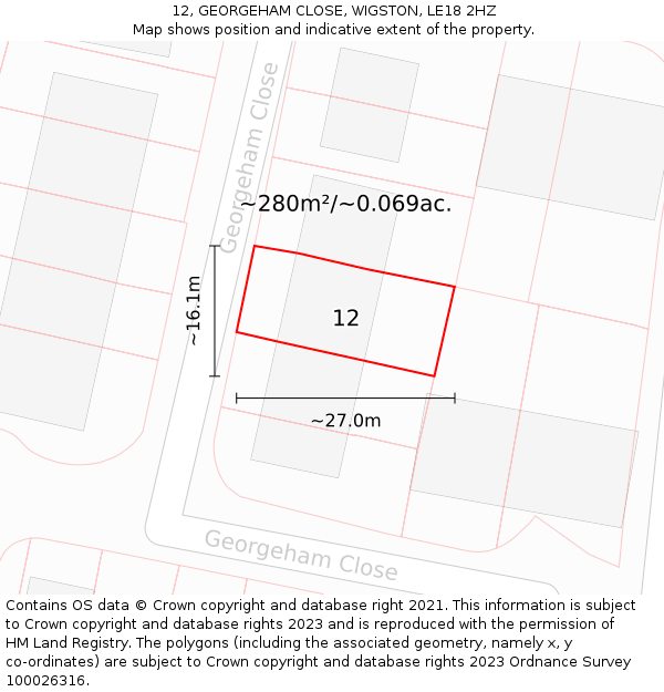 12, GEORGEHAM CLOSE, WIGSTON, LE18 2HZ: Plot and title map