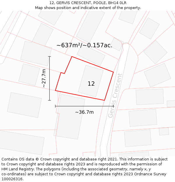 12, GERVIS CRESCENT, POOLE, BH14 0LR: Plot and title map