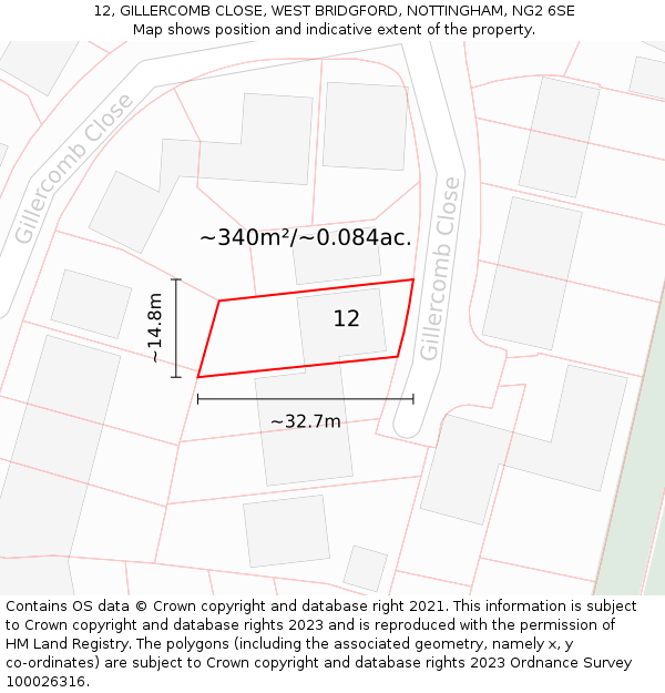 12, GILLERCOMB CLOSE, WEST BRIDGFORD, NOTTINGHAM, NG2 6SE: Plot and title map