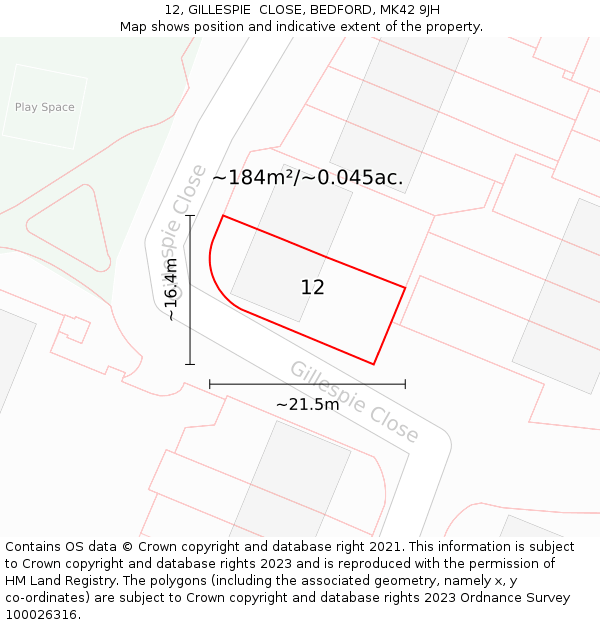 12, GILLESPIE  CLOSE, BEDFORD, MK42 9JH: Plot and title map