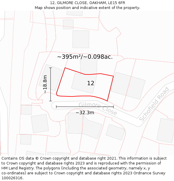 12, GILMORE CLOSE, OAKHAM, LE15 6FR: Plot and title map