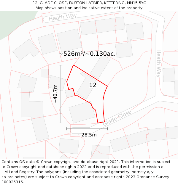 12, GLADE CLOSE, BURTON LATIMER, KETTERING, NN15 5YG: Plot and title map