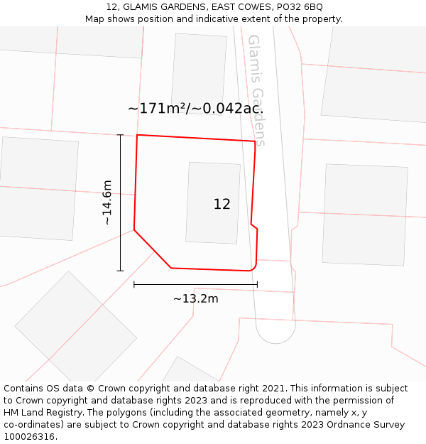 12, GLAMIS GARDENS, EAST COWES, PO32 6BQ: Plot and title map