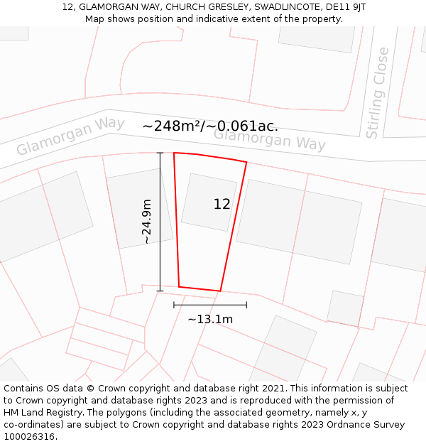 12, GLAMORGAN WAY, CHURCH GRESLEY, SWADLINCOTE, DE11 9JT: Plot and title map