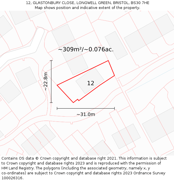 12, GLASTONBURY CLOSE, LONGWELL GREEN, BRISTOL, BS30 7HE: Plot and title map