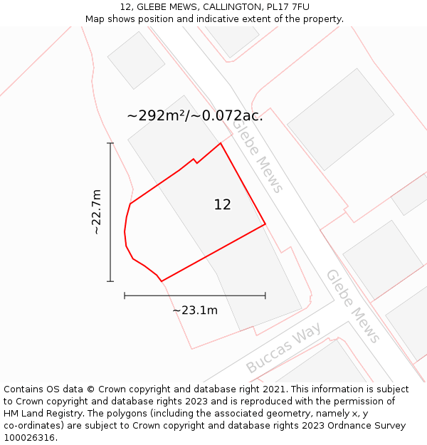 12, GLEBE MEWS, CALLINGTON, PL17 7FU: Plot and title map