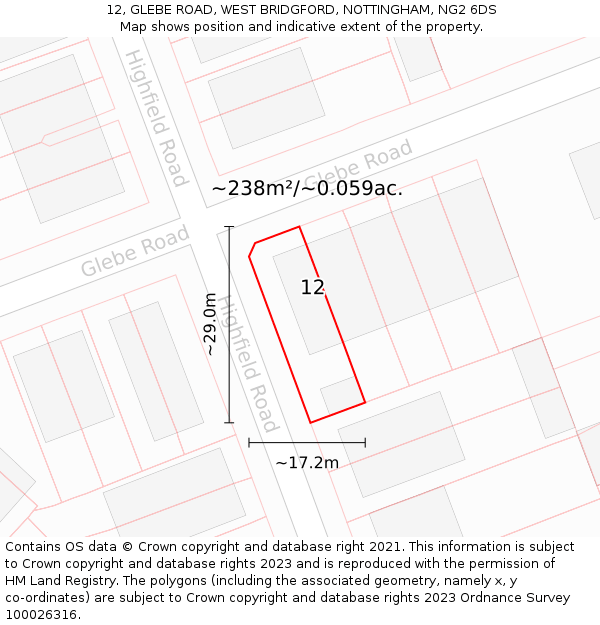 12, GLEBE ROAD, WEST BRIDGFORD, NOTTINGHAM, NG2 6DS: Plot and title map