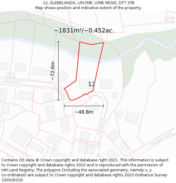 12, GLEBELANDS, UPLYME, LYME REGIS, DT7 3TB: Plot and title map