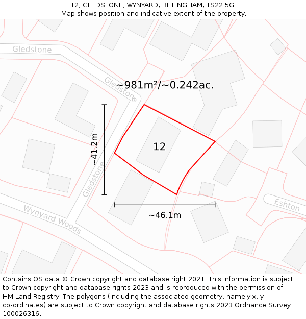 12, GLEDSTONE, WYNYARD, BILLINGHAM, TS22 5GF: Plot and title map