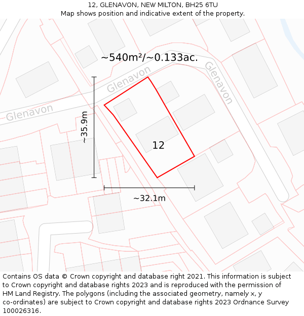 12, GLENAVON, NEW MILTON, BH25 6TU: Plot and title map