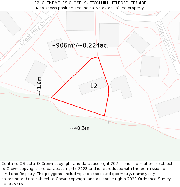 12, GLENEAGLES CLOSE, SUTTON HILL, TELFORD, TF7 4BE: Plot and title map