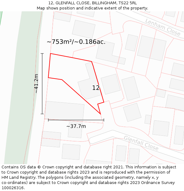 12, GLENFALL CLOSE, BILLINGHAM, TS22 5RL: Plot and title map