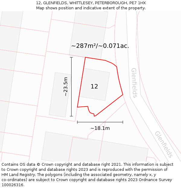 12, GLENFIELDS, WHITTLESEY, PETERBOROUGH, PE7 1HX: Plot and title map